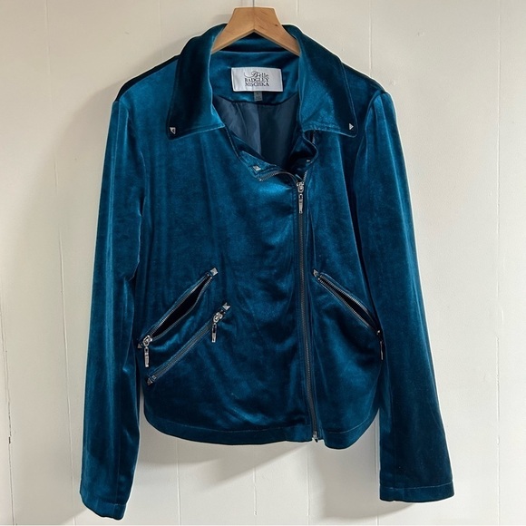 Belle Badgley Mishcka Velvet Moto Jacket in Teal sz L - Picture 1 of 3